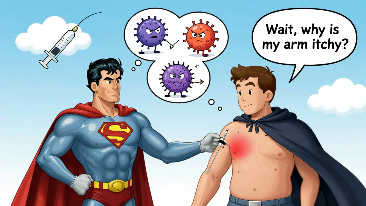 A patient getting an injection with cartoon immune cells chasing antibodies, showing a red, itchy rash above a biologic and biosimilar cape comparison.