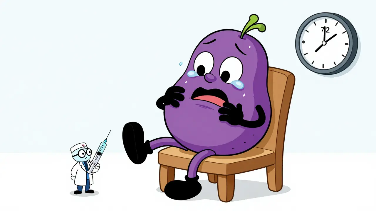 A puffy, crying external hemorrhoid sitting in pain as a doctor prepares to drain a blood clot.