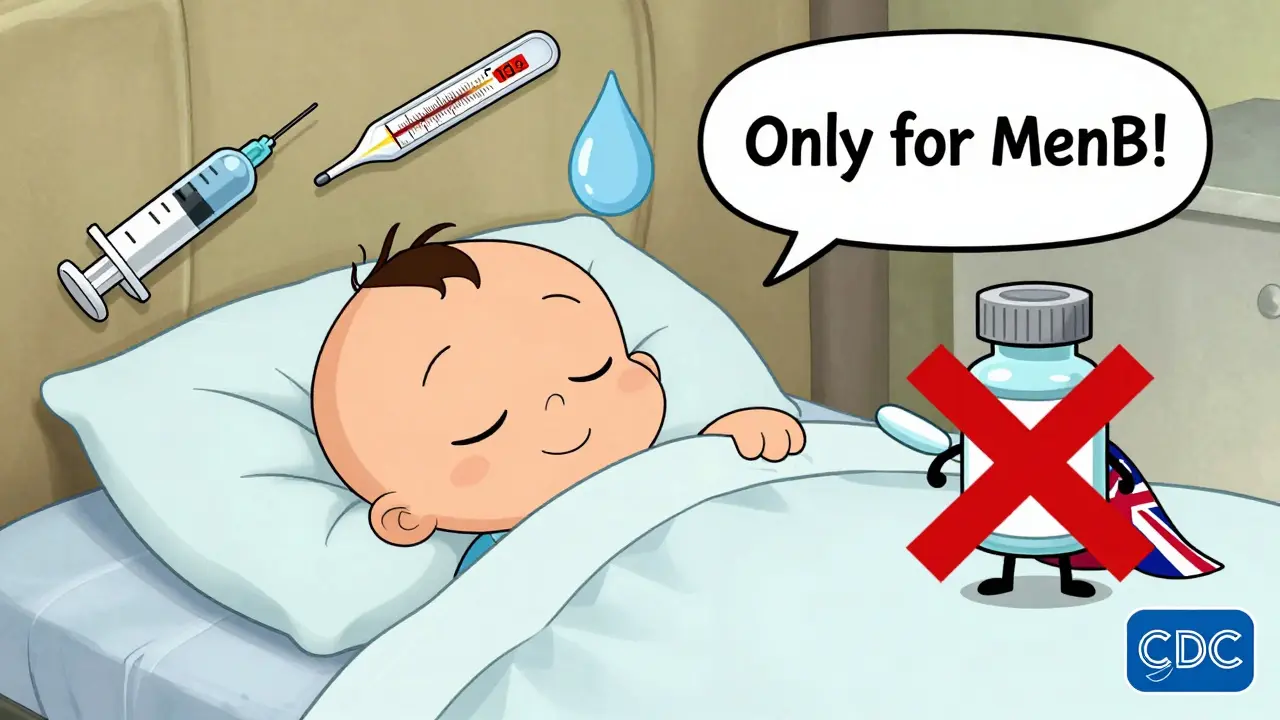 A sleeping baby with floating icons including a MenB vaccine character and a crossed-out medicine bottle, symbolizing proper timing.