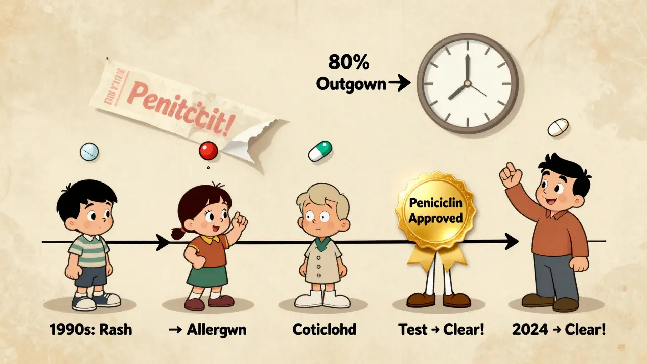A whimsical timeline showing an old allergy label peeling away to reveal a new 'Penicillin Approved' badge.