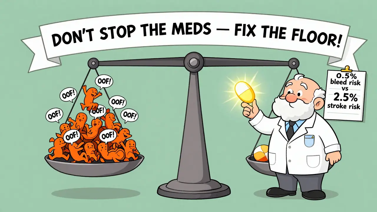 Balance scale showing 300 falls vs one pill, with a geriatrician pointing to stroke risk data.