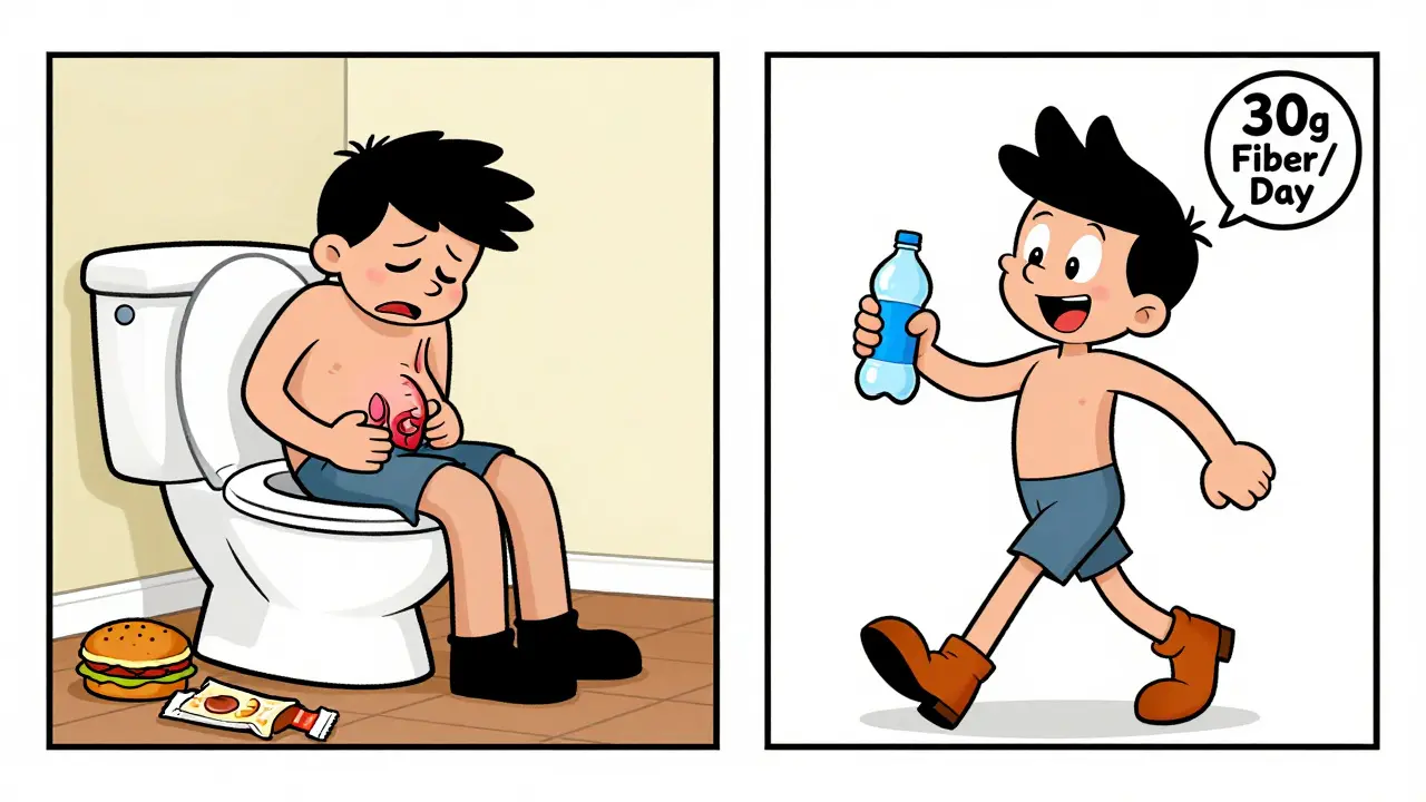 Before-and-after cartoon of a person switching from unhealthy habits to eating fiber and drinking water.