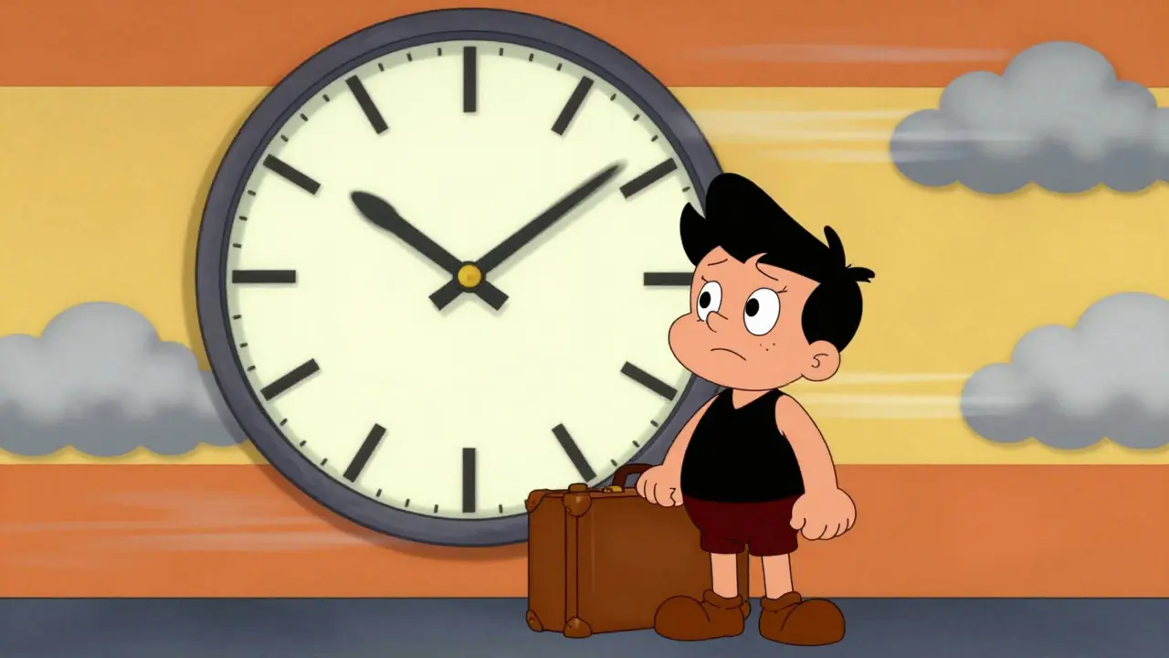Cartoon traveler next to a moving clock face representing jet lag