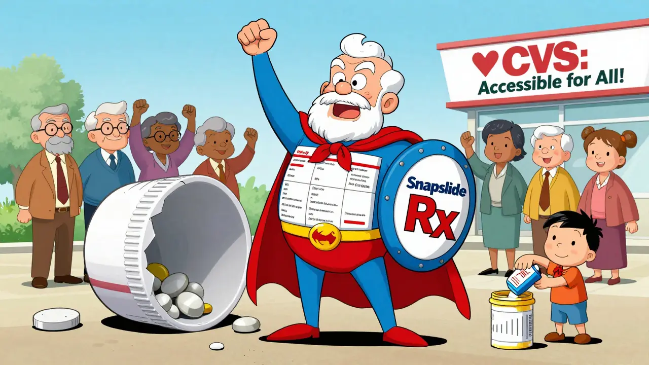 Elderly superhero holding a SnapSlide bottle like a shield, standing beside a broken standard cap, with seniors cheering in the background.