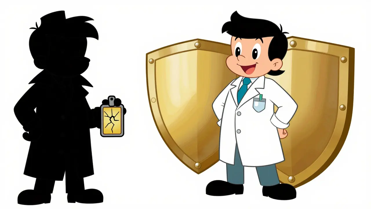 Friendly pharmacist with shield facing shadowy figure with fake badge.
