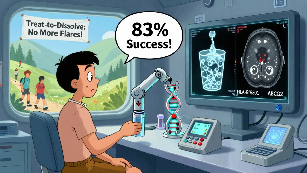 Genetic testing lab with robotic pill dispenser adjusting dose, CT scan showing dissolving crystals, and happy patients in background.