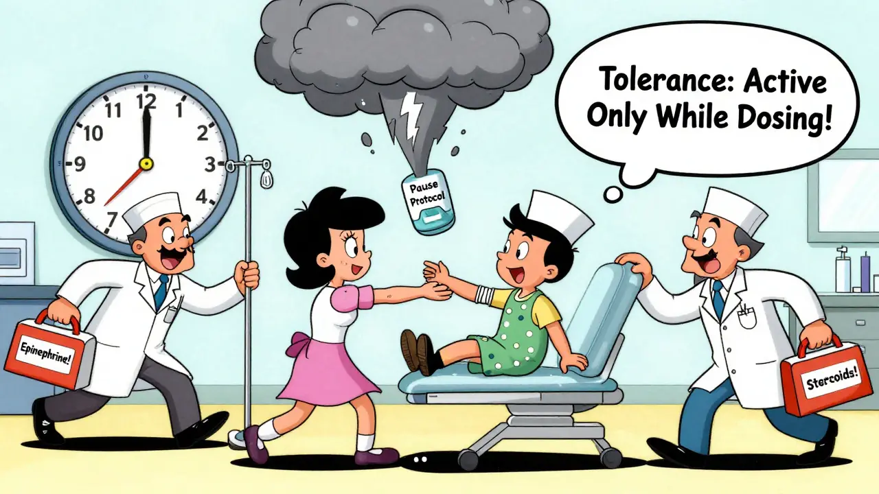 Medical team responding to a reaction during drug desensitization with emergency supplies ready.