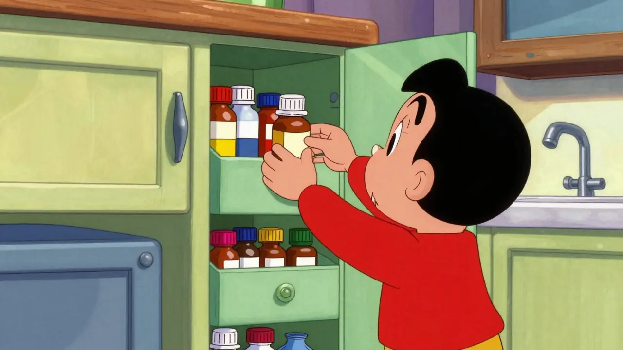 Medicine stored high in locked cabinet