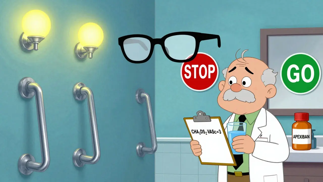 Safe bathroom with grab bars and nightlights, doctor holding a clipboard as a DOAC pill glows green beside a red 'STOP' sign.