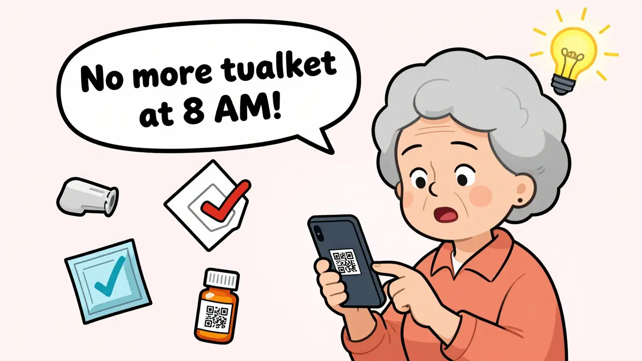 Senior woman scanning a QR code on her pill bottle that plays an audio label, with accessible packaging icons floating nearby.