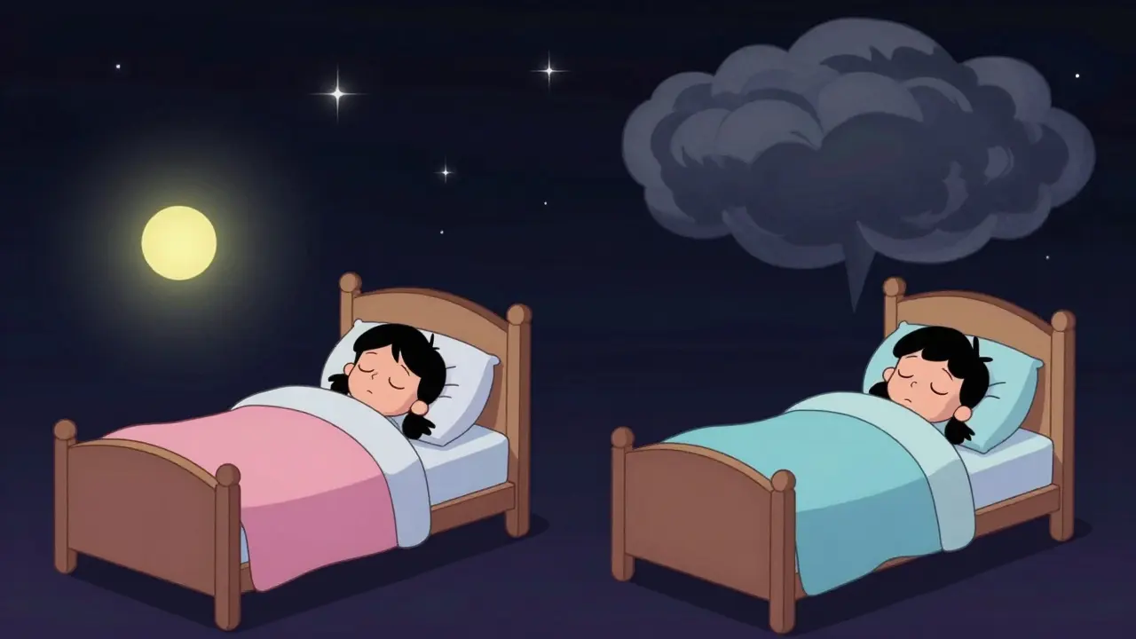 Split illustration comparing peaceful sleep versus groggy awakening