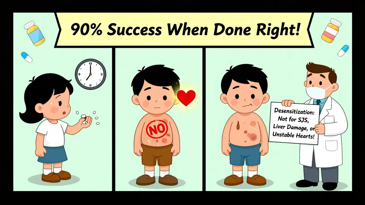 Three patients showing who can and cannot undergo drug desensitization with clear visual symbols.