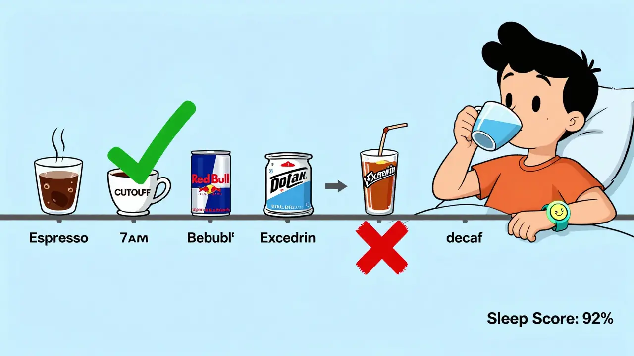 Timeline showing caffeine sources and their half-lives, with a cutoff checkmark at 8 hours before bed, in Hanna-Barbera style.