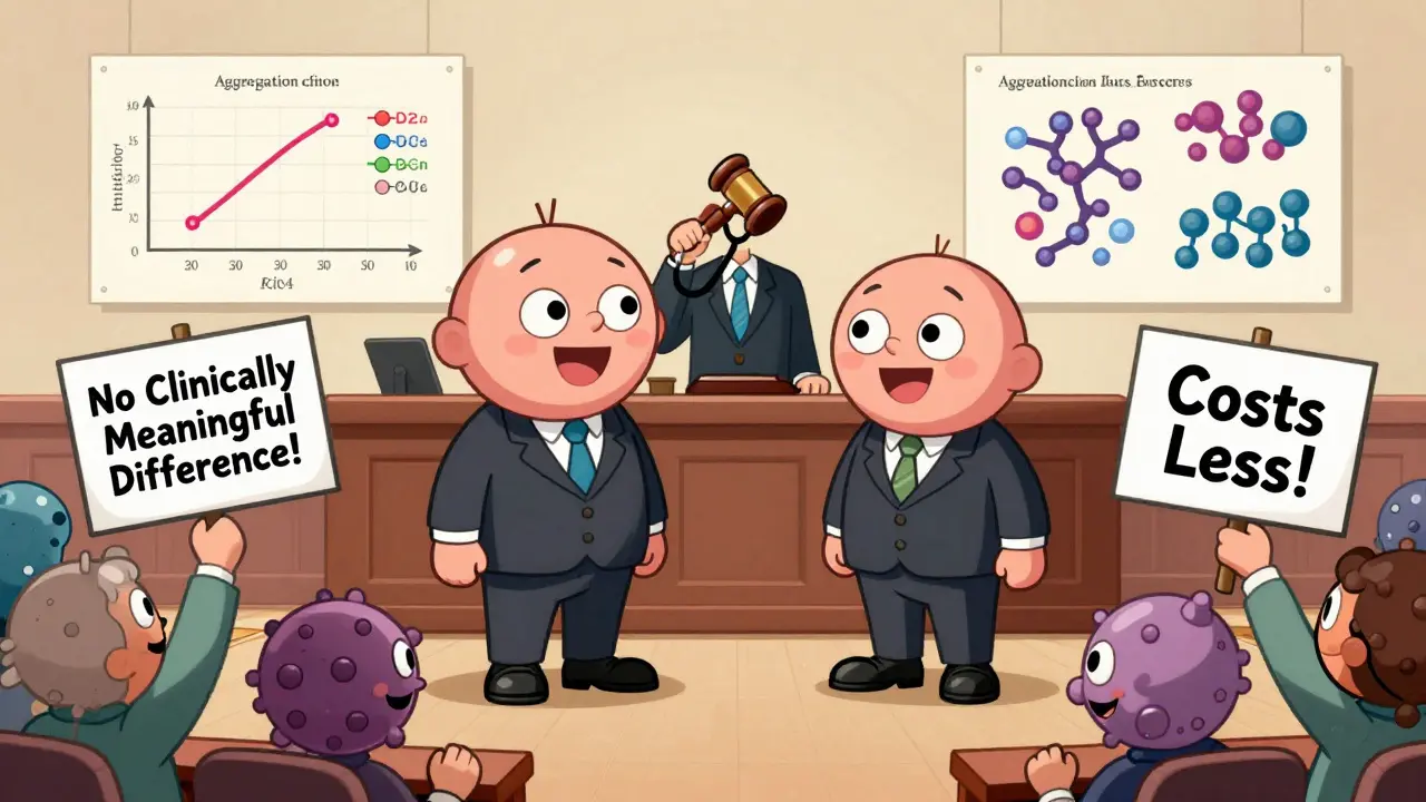 Two protein molecules on trial in a cartoon courtroom, with immune cells as jurors holding signs about clinical similarity and cost savings.