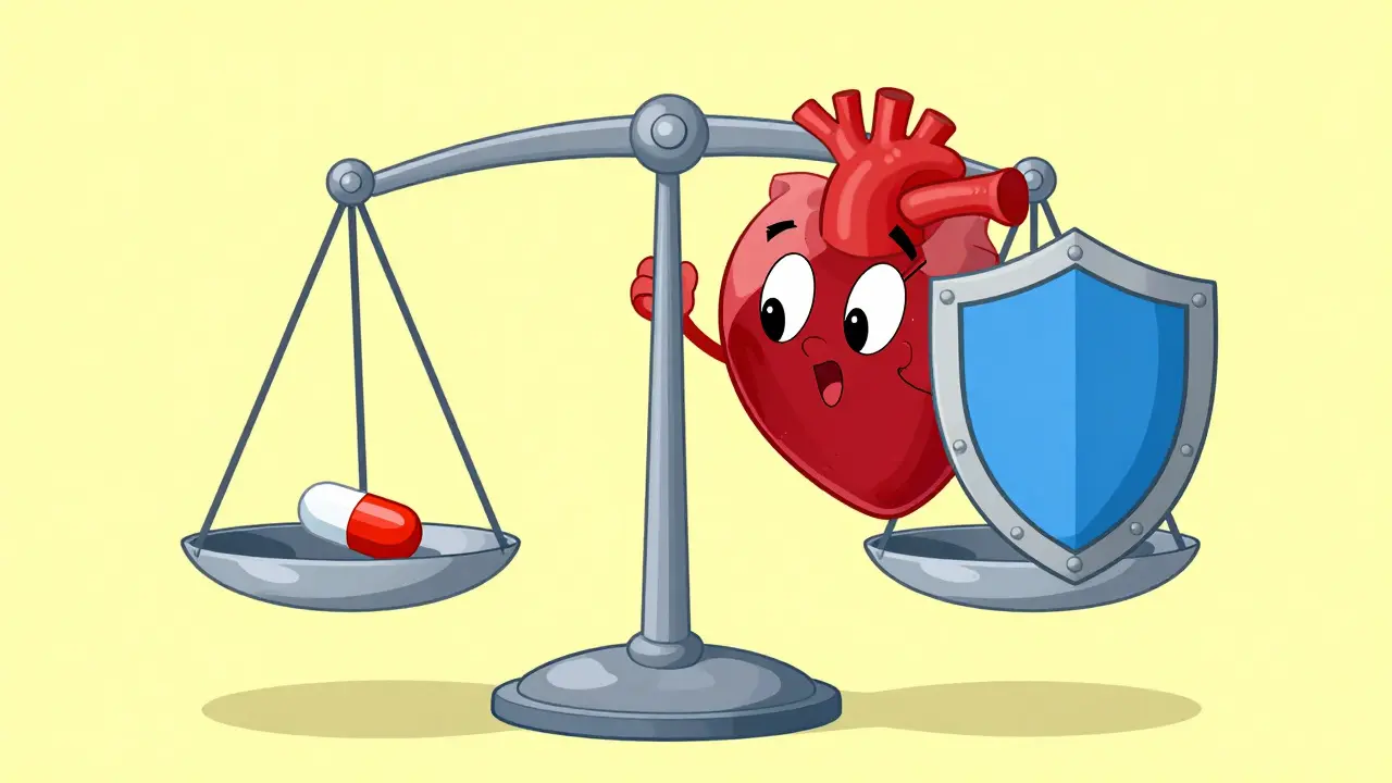 A balance scale with a pill and a protective shield and heart in cartoon style