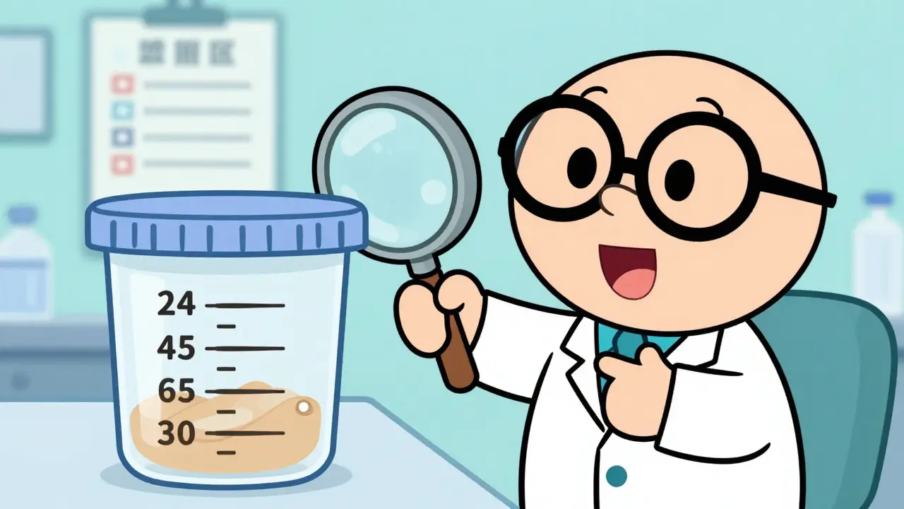 Cartoon doctor examining a urine collection beaker with a magnifying glass