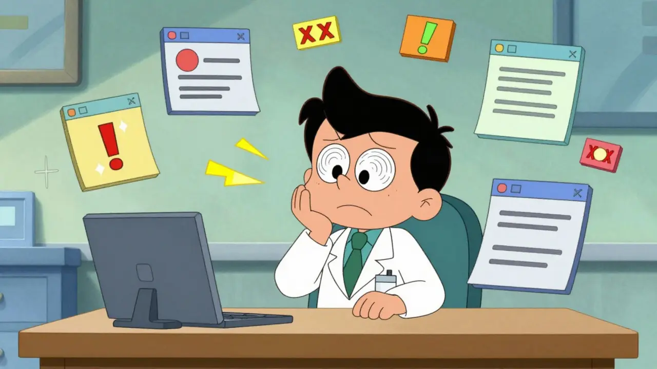 Cartoon doctor overwhelmed by numerous digital alert pop-ups on his computer screen