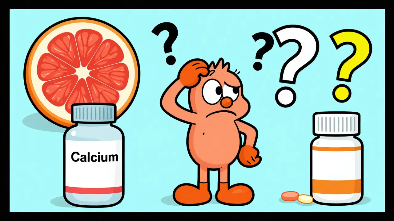 Cartoon illustration of a grapefruit and supplements with a confused character and question marks.