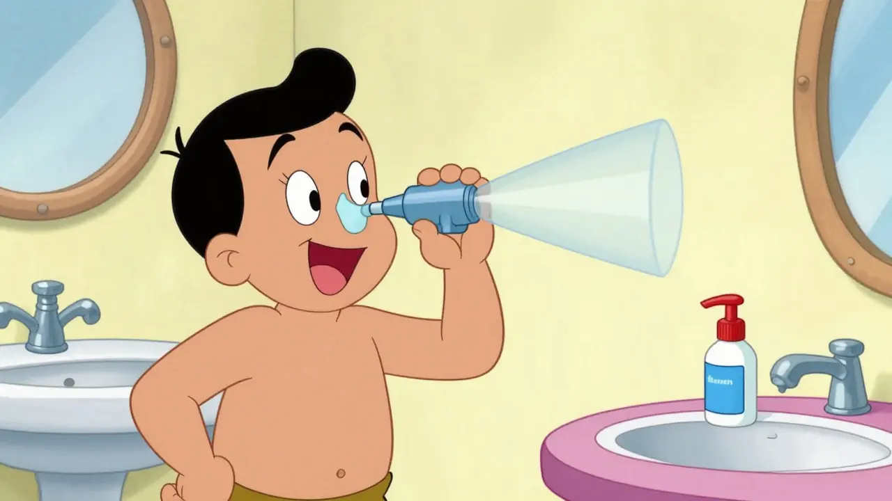 Cartoon man happily using a Neti pot for nasal irrigation in a bathroom.