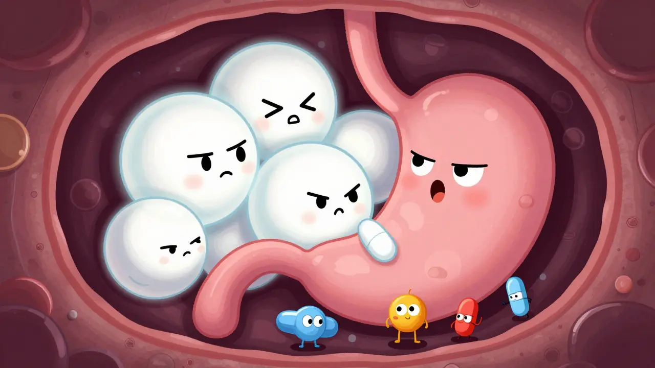 Cartoon medicine molecules being trapped by calcium spheres in a stomach.