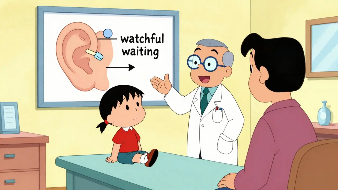 Cartoon of a doctor explaining ear health to a parent and child in a clinic.
