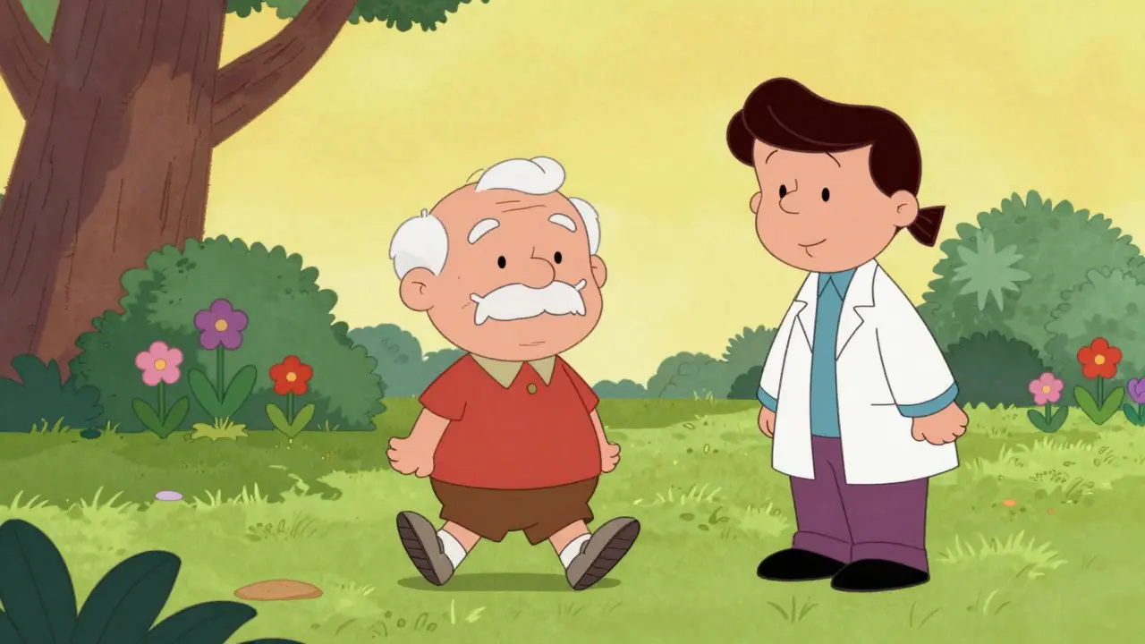 Cartoon of a happy senior walking in a sunny garden with a caregiver