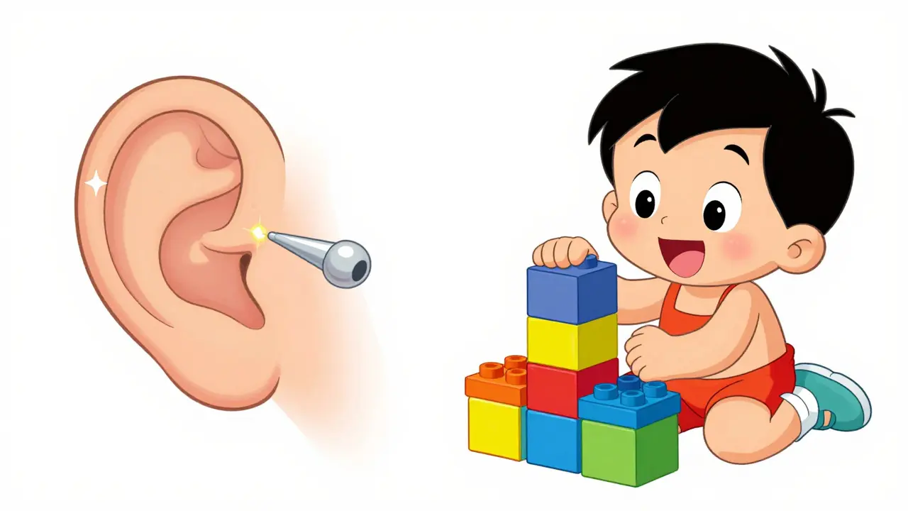 Cartoon showing a conceptual ear tube and a happy child playing with toys.