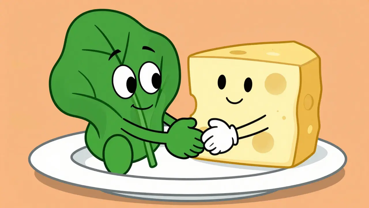 Cartoon spinach leaf and feta cheese hugging on a plate