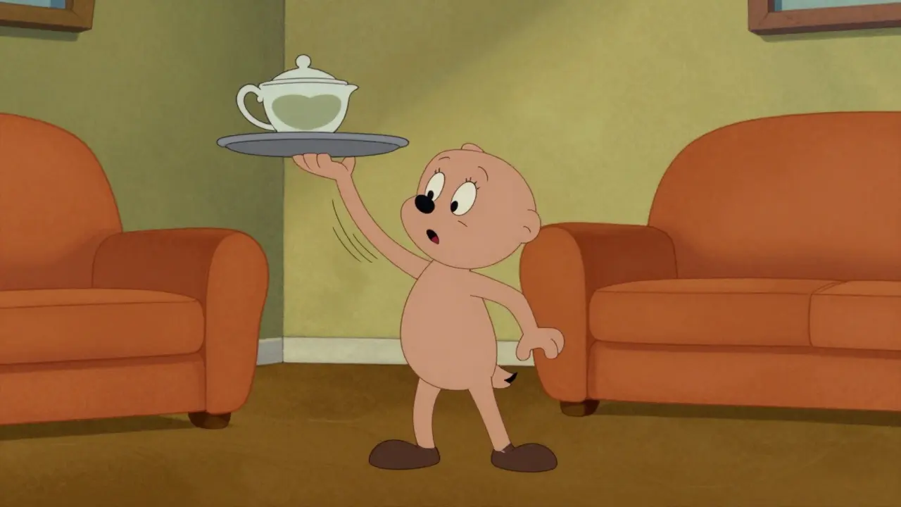 Character experiencing involuntary movements in a mid-century modern living room