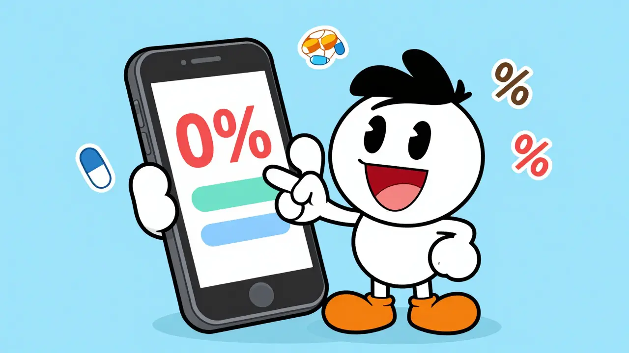Cheerful cartoon character using a smartphone to find pharmacy discount coupons.