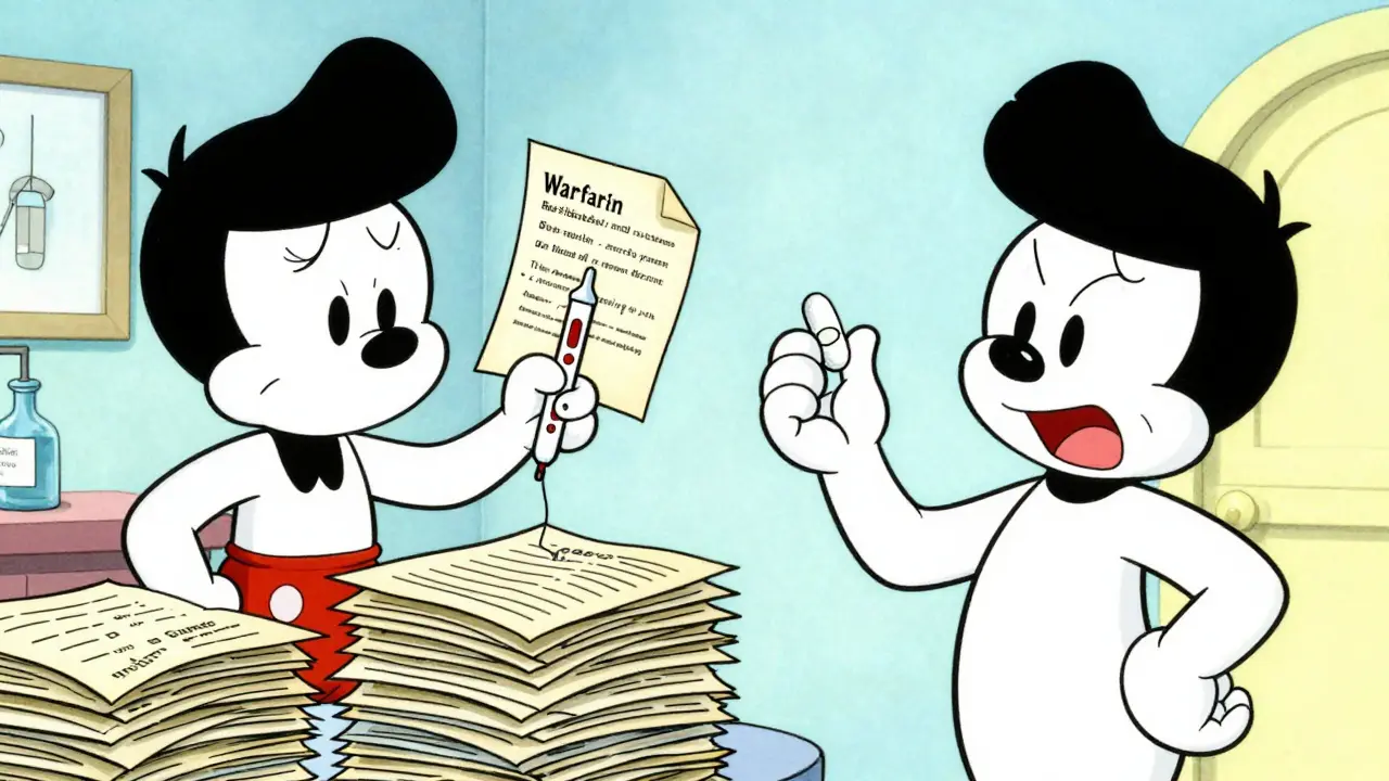 Comparison between complex old blood tests and a simple DOAC pill in cartoon style