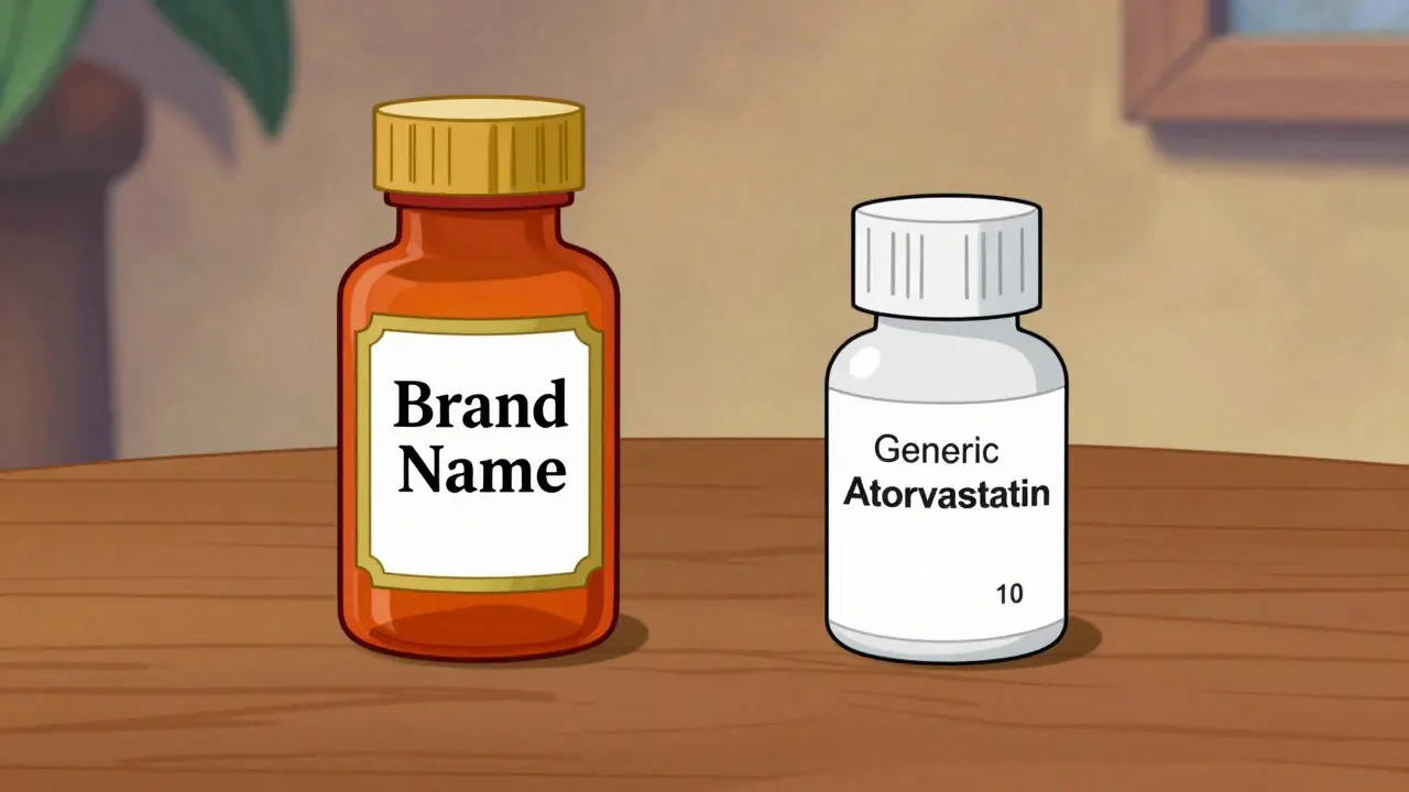 Comparison of an expensive brand name medicine bottle versus an affordable generic version.