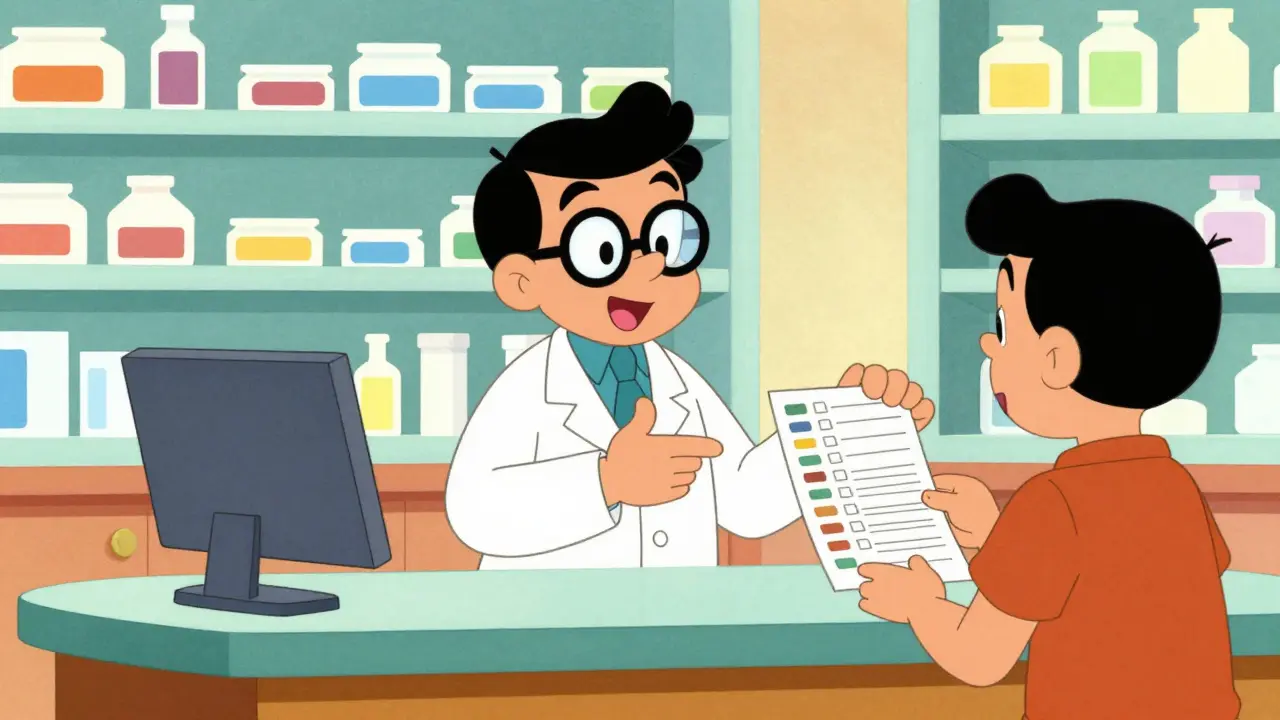 Hanna-Barbera style cartoon of a friendly pharmacist reviewing a medication list with a patient.