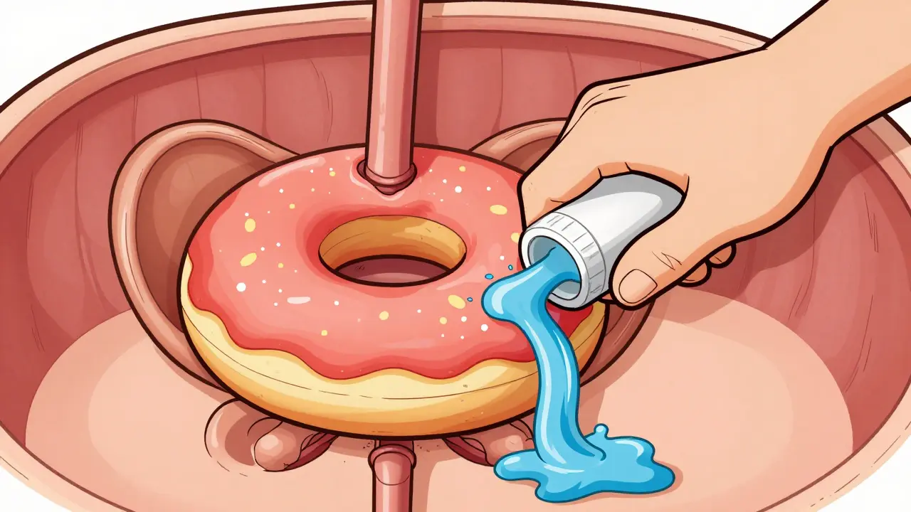 Illustration of an enlarged prostate being clamped shut by a pill.