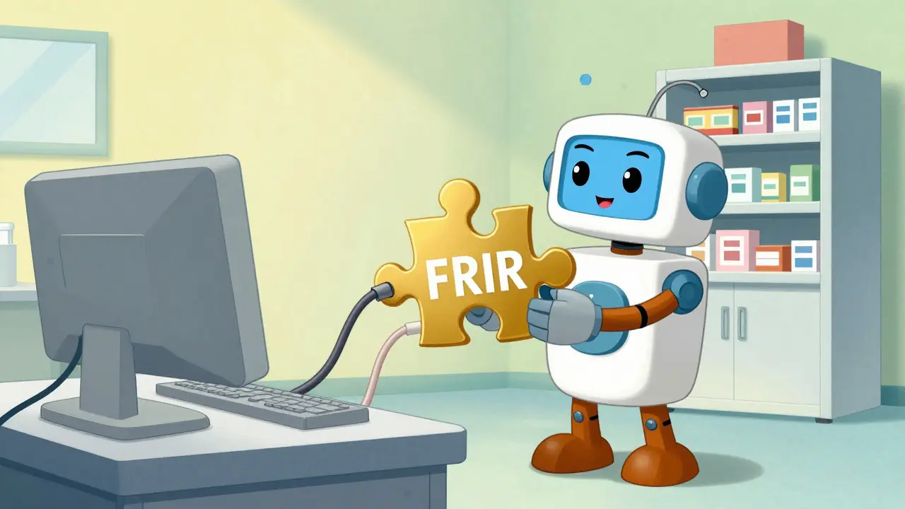 Robot character connecting two medical computer systems with a puzzle piece to show data interoperability