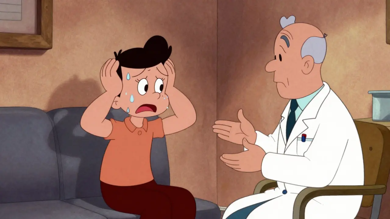 Sick cartoon patient trembling before doctor