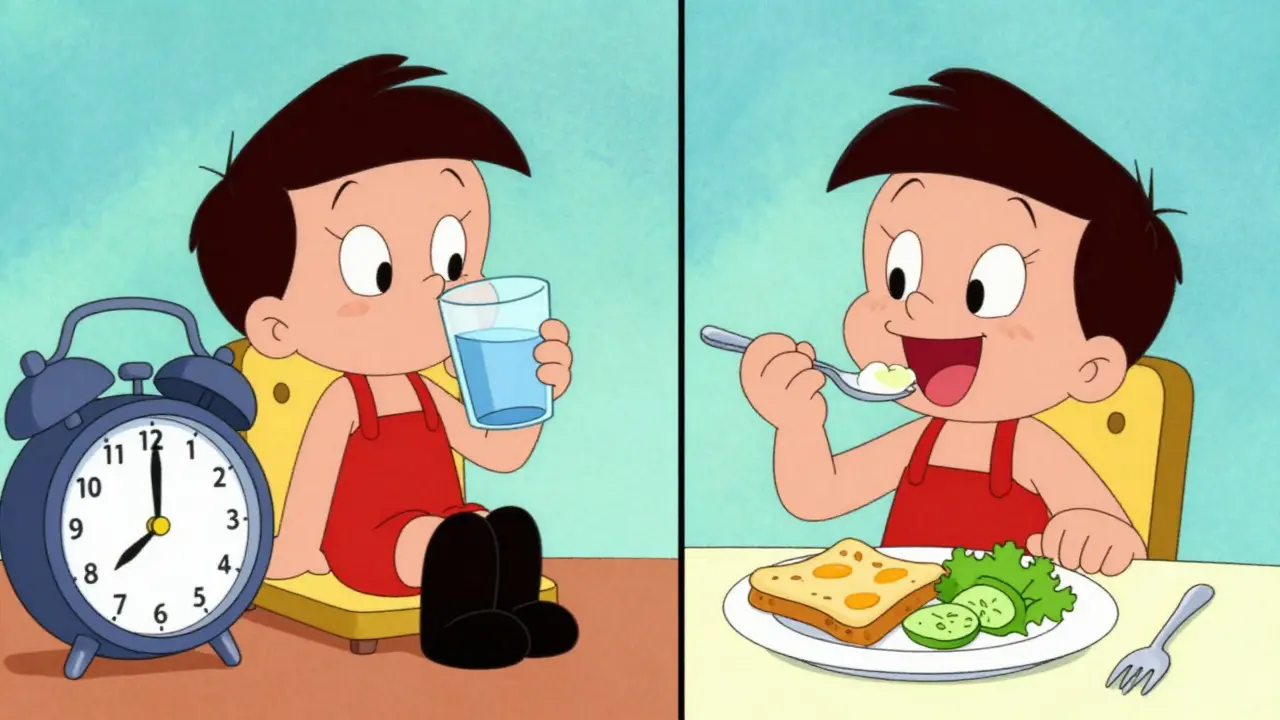 Split-screen showing a person drinking water and then eating breakfast.
