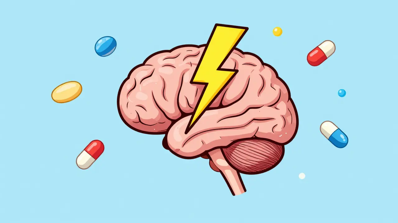 Stylized cartoon illustration of a brain with a lightning bolt symbol and colorful pills