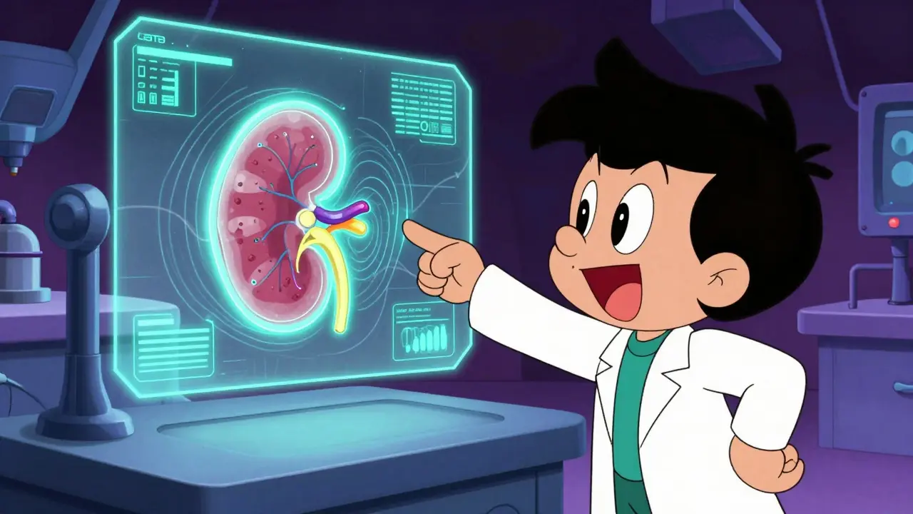 Animated scientist analyzing high-tech kidney imaging data