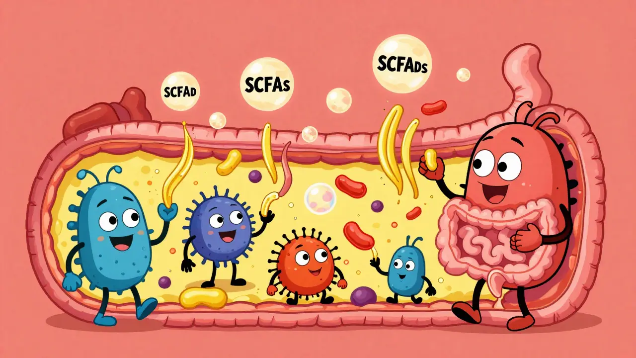Cartoon gut bacteria eating fiber and producing beneficial short-chain fatty acids.