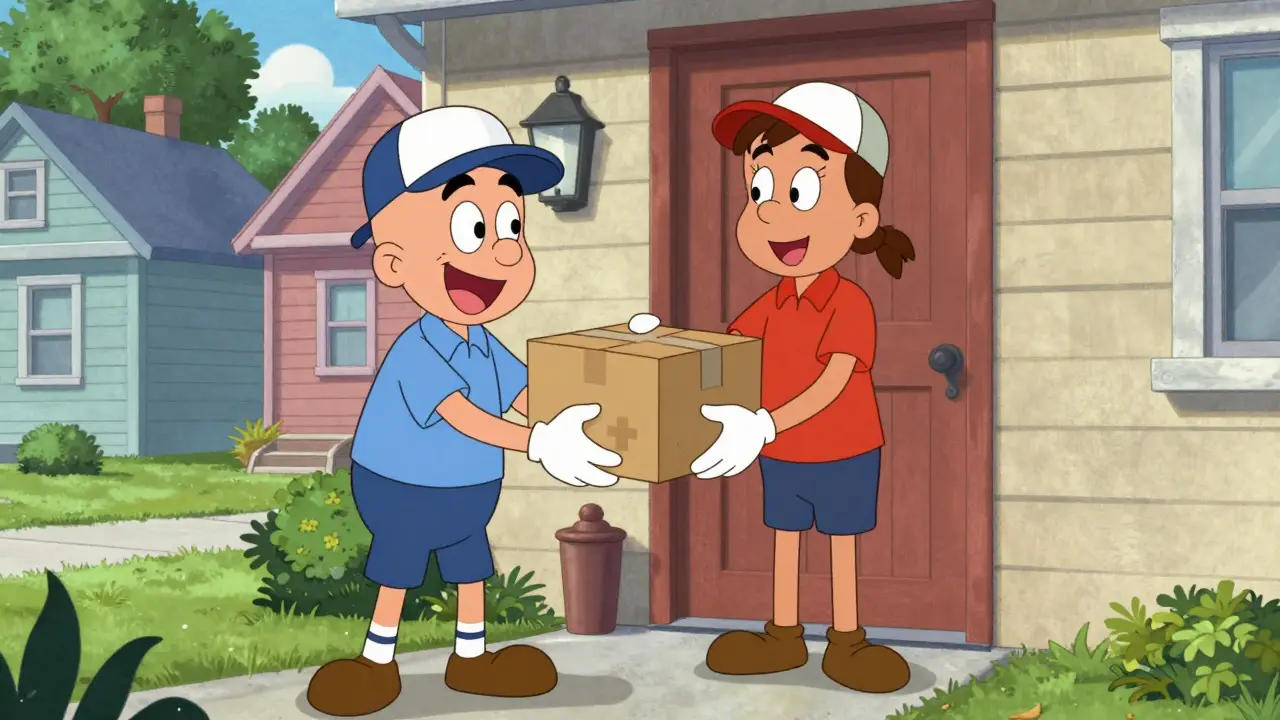 Cartoon mail carrier delivering a sealed medication package to a happy customer