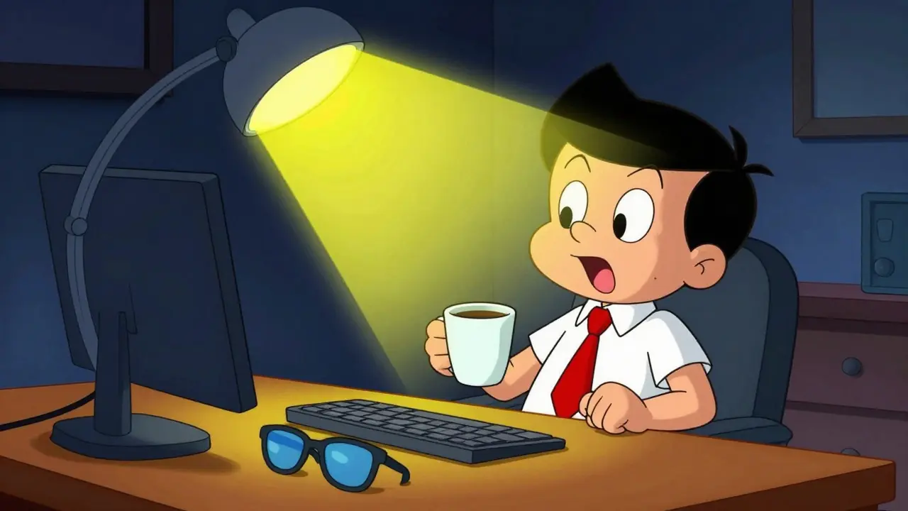 Cartoon night shift worker using a bright lamp to stay alert