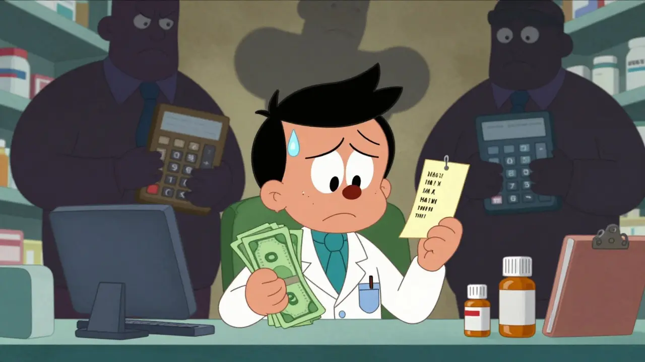 Cartoon of a stressed pharmacist dealing with low margins and drug shortages.