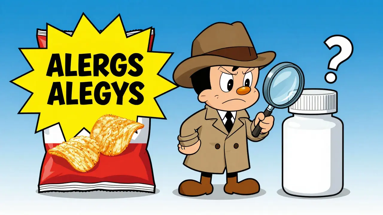 Detective comparing food and medicine allergen labels