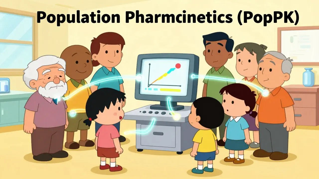 Diverse patients connected by data streams to a computer, illustrating population pharmacokinetics.
