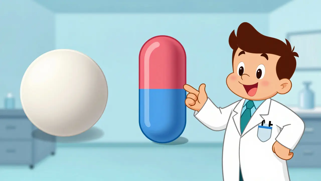 Doctor pointing to delayed-release pill vs standard tablet