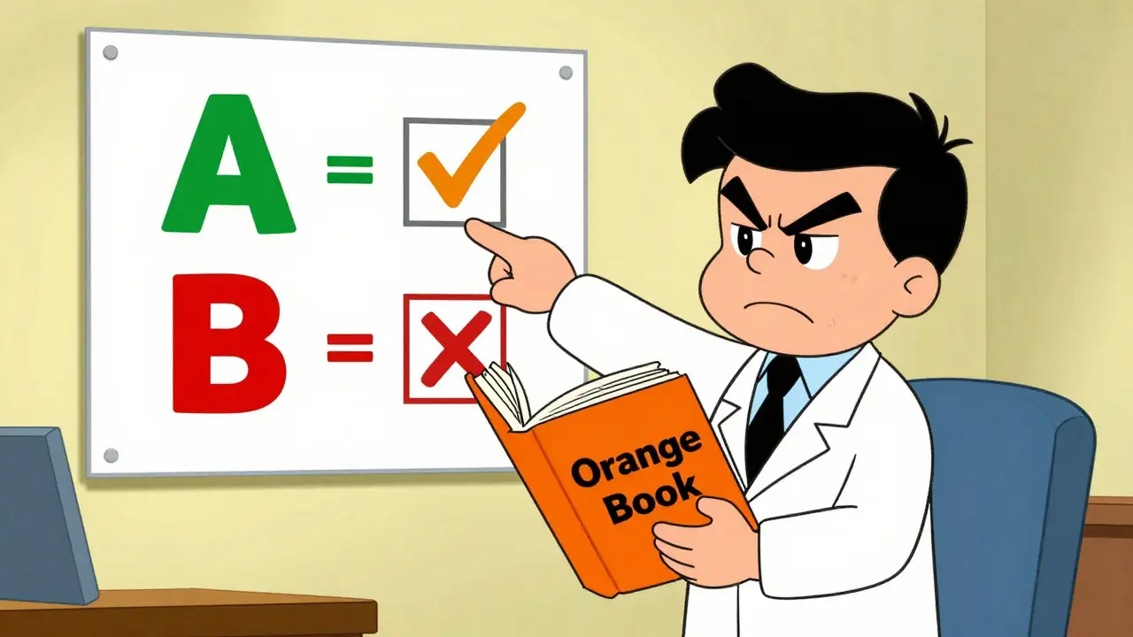 FDA official explaining TE codes with an orange book