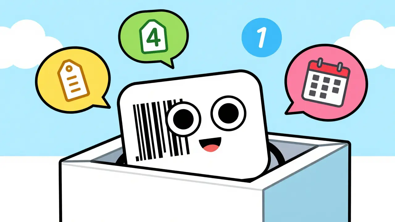 Friendly robot barcode on medicine box with data icons