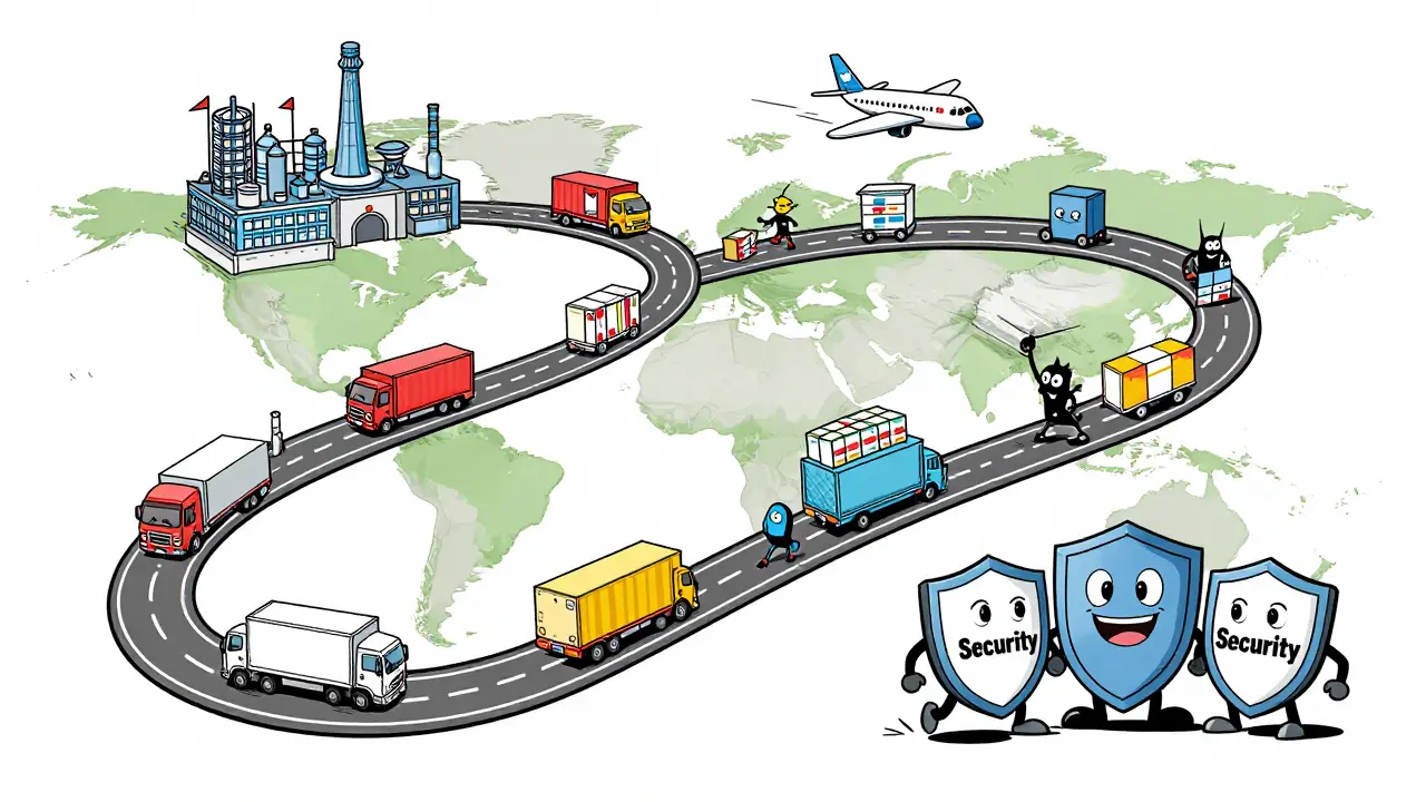 Global supply chain map with security guards blocking fakes