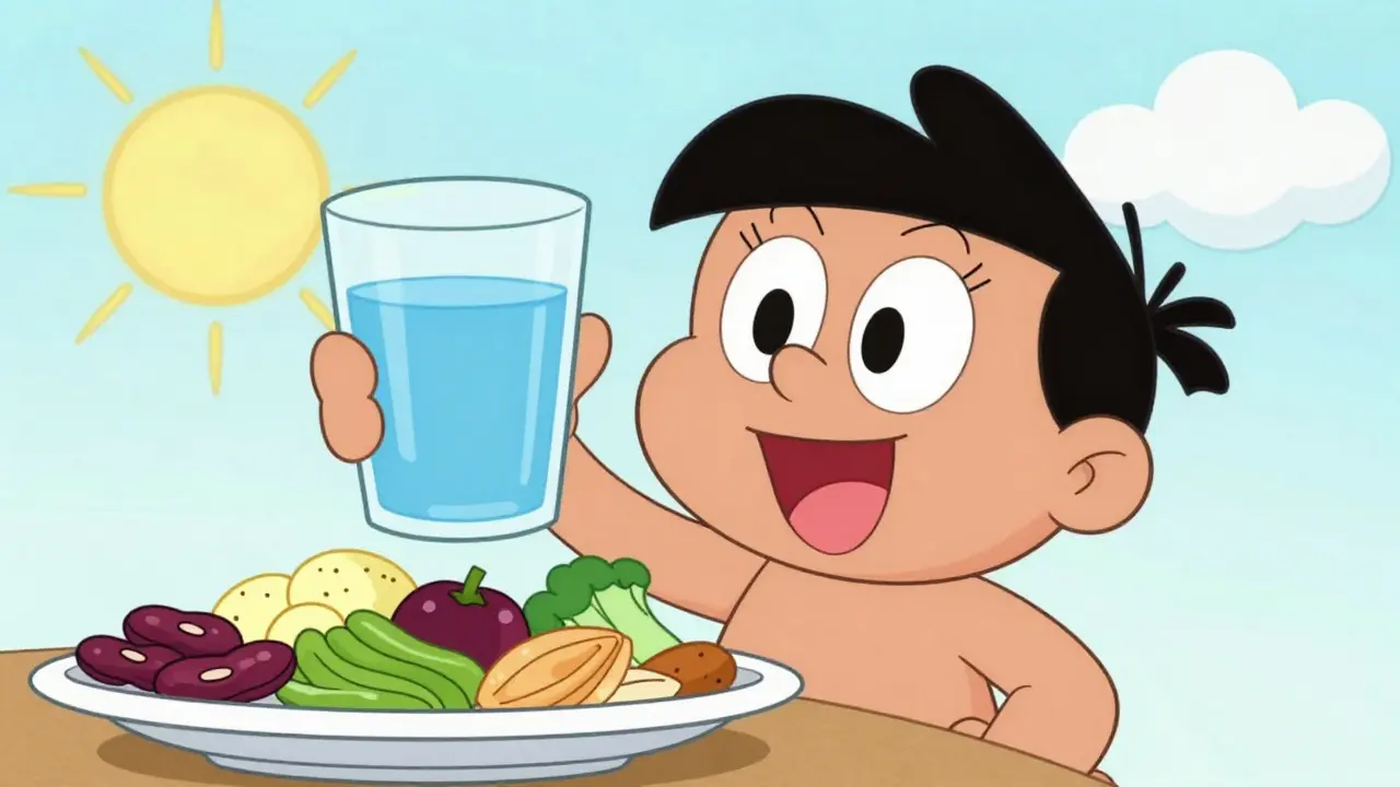 Happy cartoon character drinking water with a plate of high-fiber plant foods.